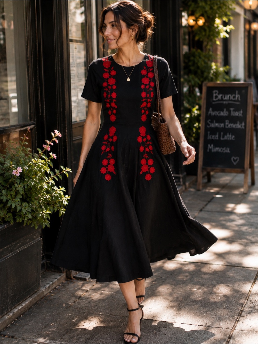Fanm Mon Amaka Black Embroidered Cotton Midi Dress XS Tuckernuck Boho Floral NWT
